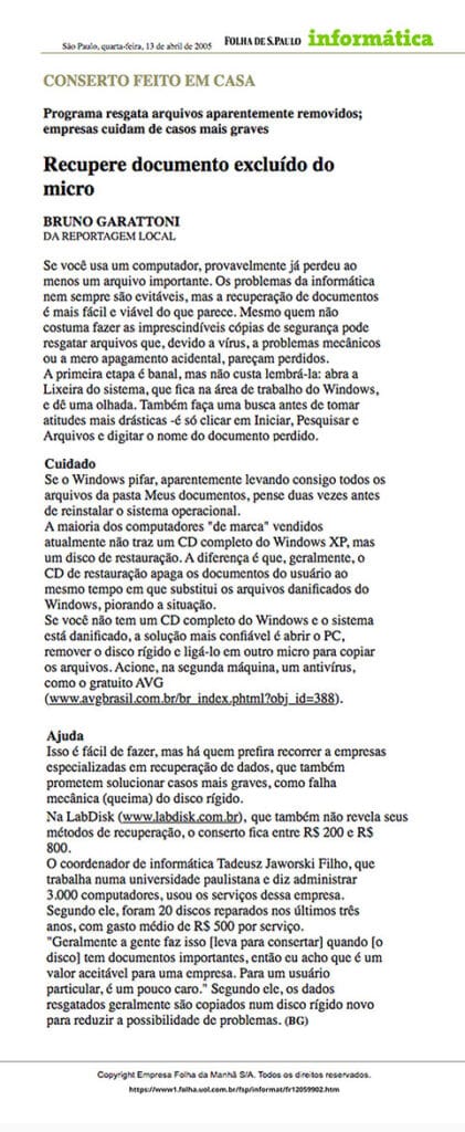 Reportagem sobre a LabDisk na Folha de São Paulo